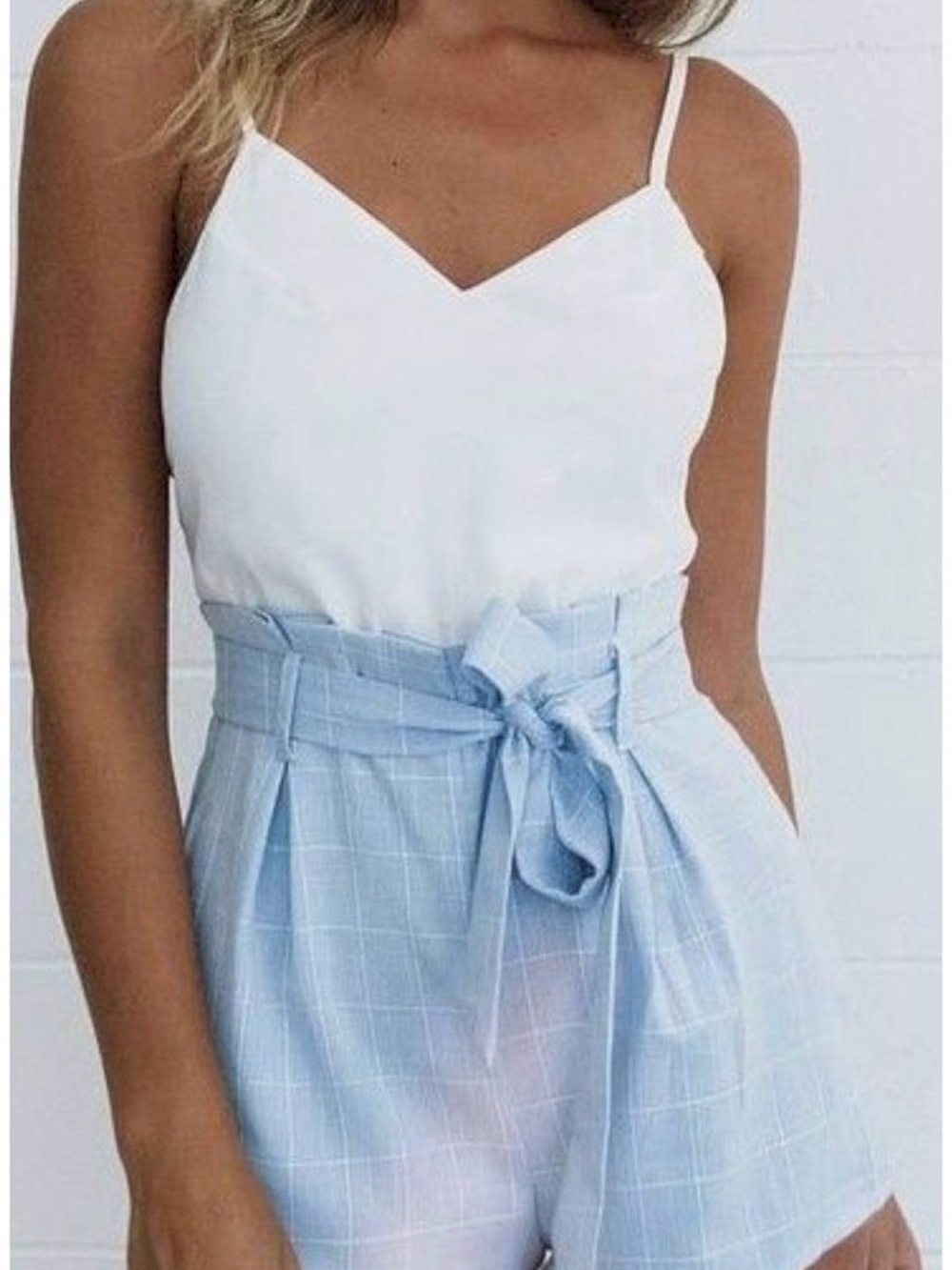 White V-Neck Cami with Light Blue Tie-Waist Shorts